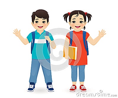 School asian boy and girl Vector Illustration