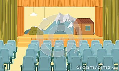 School Assembly Hall Interior. Decorated Stage Vector Illustration