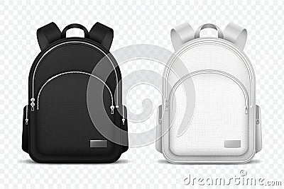 School backpack. Black and white rucksack. Front view travel bag. 3d vector mockup isolated Vector Illustration