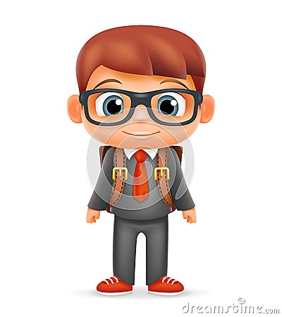 School Backpack Boy Suit Tie Child Cartoon Icon Education Character 3d Realistic Design Vector Illustrator Vector Illustration