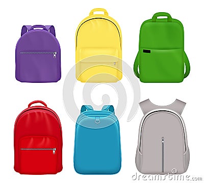 School backpack. College realistic students handy items luggage travel vector collection front side Vector Illustration