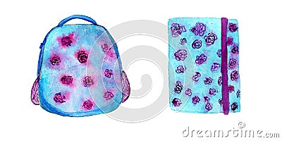 School backpack and notepad in watercolor. Blue backpack and notepad with pink flowers. Illustration for the school Stock Photo