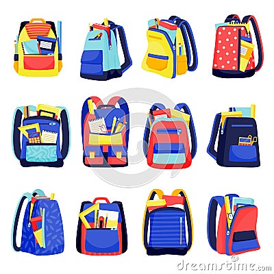 School backpacks icons, isolated on white background. Vector flat cartoon illustration of multicolor kids rucksacks Vector Illustration