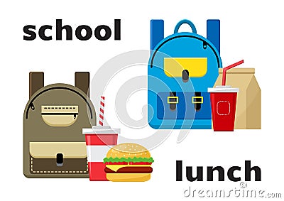 School backpacks and lunch food. Vector Cartoon Illustration