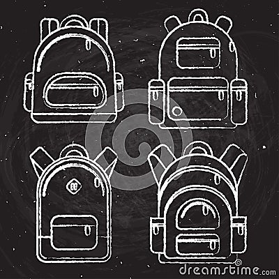 School backpacks, set of white chalk sketched backpack on black board. Back to school illustration. Vector Illustration