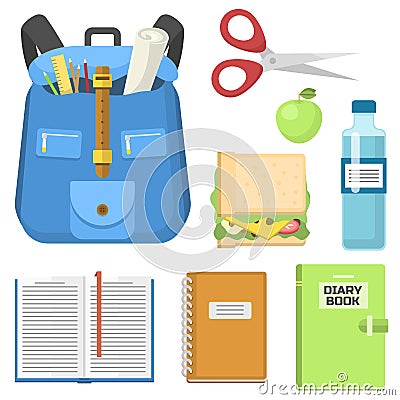 School bag backpack full of supplies children stationary zipper educational sack vector illustration. Vector Illustration