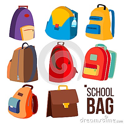 School Bag Set Vector. Different Types, View. Schoolchild, Kids Backpack Icon. Education Sign. Back To School. Isolated Vector Illustration