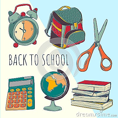 School bag and stuff. School year beginning. Education design elements. Vector Illustration