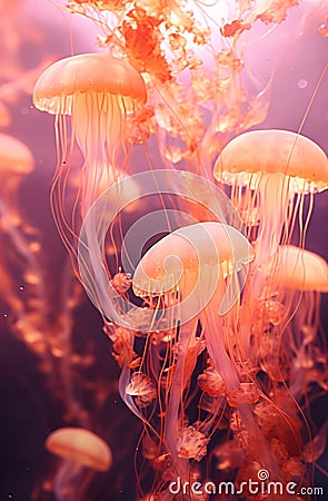 A school of beautiful pink jelly fish swimming underwater Stock Photo