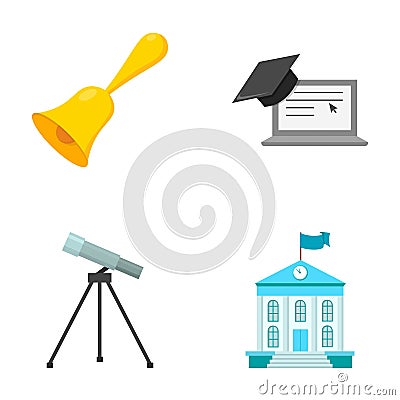 School bell, computer, telescope and school building. School set collection icons in cartoon style vector symbol stock Vector Illustration