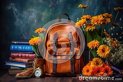 The school board has a backpack, textbooks, an alarm clock, flowers. Banner back to school. Generative ai Stock Photo