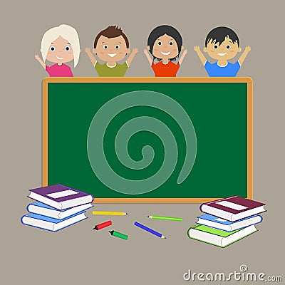 School Board. several books of different colors, pencils and a few students. Cartoon Illustration