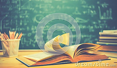 School books on desk formulas and Physics inscription on the blackboard , education concept Stock Photo