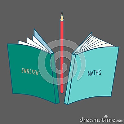 School books on English and mathematics, school supplies, stationery. Vector Stock Photo