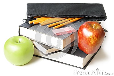 School Books with Pencil Case Stock Photo