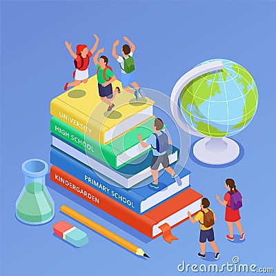 School Books Stack Composition Cartoon Illustration