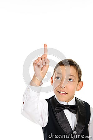 School boy in black suit touching something Stock Photo