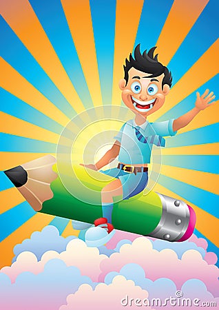 School boy cartoon character riding pencil in the clouds sky Vector Illustration