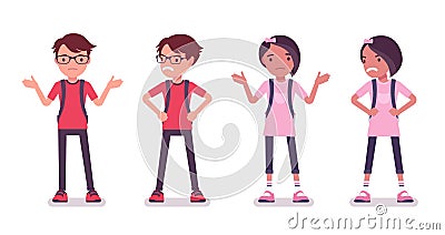 School boy, girl in casual wear feel anger, perplexity Vector Illustration