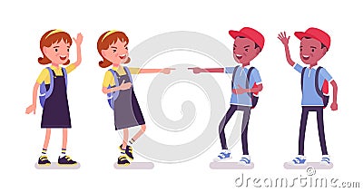 School boy and girl in a casual wear laughing, waving Vector Illustration