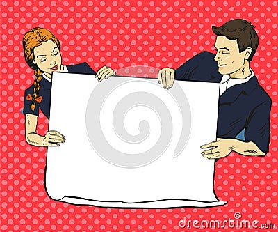 School boy and girl hold blank white paper poster. Vector illustration in comic pop art style. Put your own text Vector Illustration