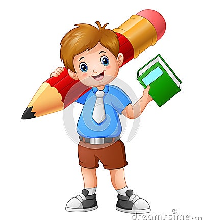 School boy holding a book with giant pencil Vector Illustration