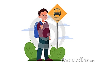 School boy schedule concept. Little boy going to school. Vector Illustration