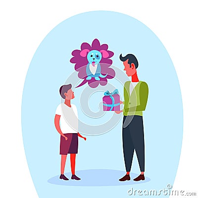 School boy thinking speech bubble dog father presenting gift teenager boy dream pet concept isolated full length cartoon Vector Illustration