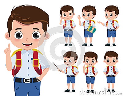 School boy vector character set. Back to school kid student characters in standing pose. Vector Illustration