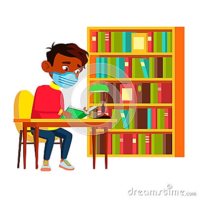 School Boy Wearing Facial Mask In Library Vector Vector Illustration