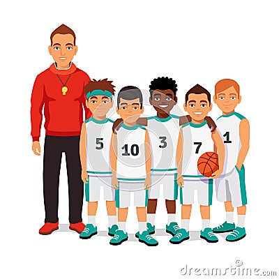 School boys basketball team with their coach Vector Illustration