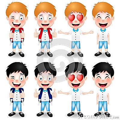 School Boys Character with Different Hand Gestures and Facial Expressions Vector Illustration