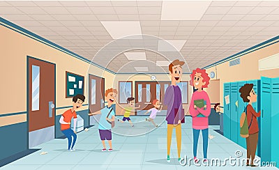 School break. Trouble pupils and students disorganized at school break in corridor vector cartoon characters Vector Illustration