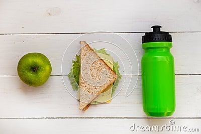 School Breakfast, sandwich, Apple, bottle Stock Photo