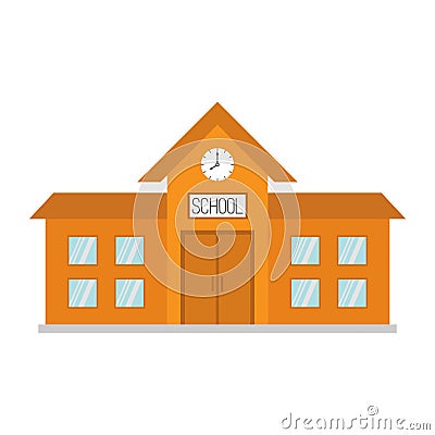 School building with clock and windows. City construction. Cartoon education clipart collection. Back to school. Flat design. Whit Vector Illustration