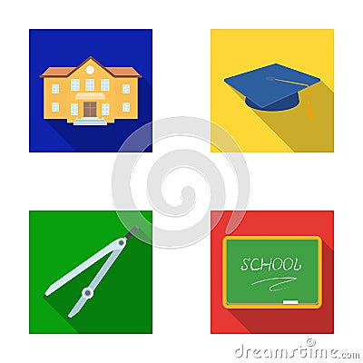 School building, college with windows, a master`s or applicant`s hat, compasses for a circle, a board with a chalk Vector Illustration