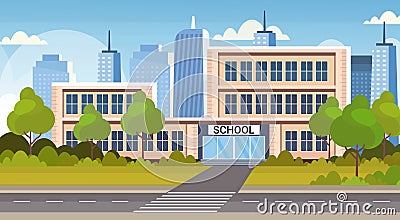 School building exterior road crosswalk back to school concept cityscape background flat horizontal Vector Illustration