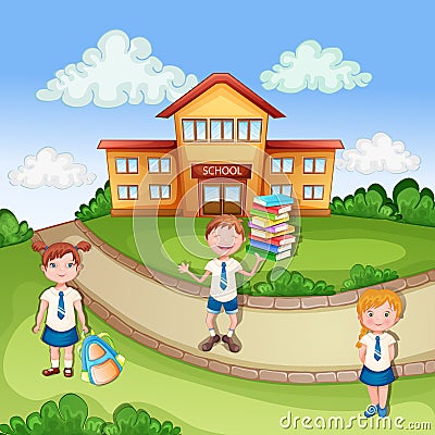 School building ilustration with happy children Stock Photo