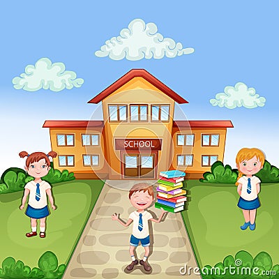 School building ilustration with happy children Stock Photo