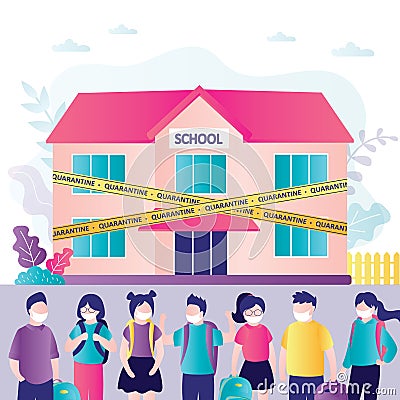 School building with yellow warning tapes. School closed, students with backpacks. Kids in protective masks. Distance education. Vector Illustration