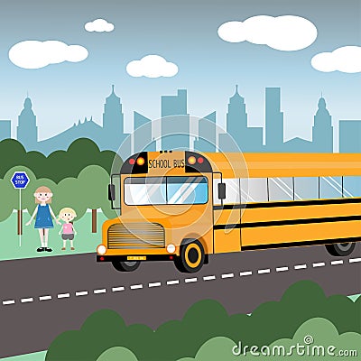 School bus on the road. Vector Illustration