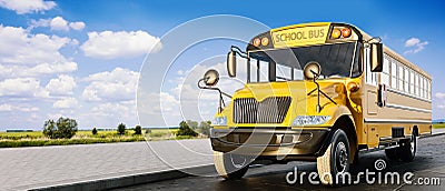 School bus driving on the road, concept of going back to school, beautiful sunny day Stock Photo