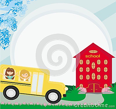 School bus heading to school with happy childr Vector Illustration