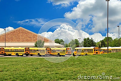 School Bus Lineup In Spring Stock Photo