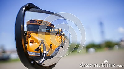 School bus mirror selfie waiting on paking lot in summer day Editorial Stock Photo