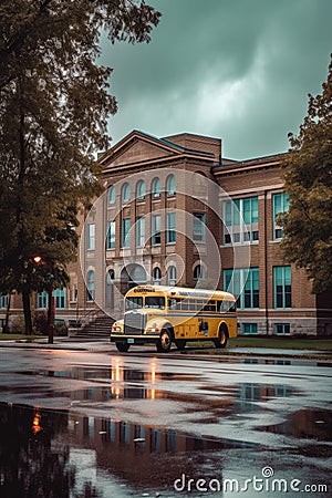 school bus parked in front of a school building Stock Photo