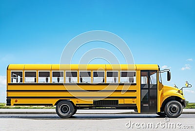 School bus parked on the road, concept of going back to school, beautiful sunny day Stock Photo