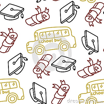 School bus pattern, graduate caps and diplomas in contour style. Texture with doodle elements on the theme of back to school and Stock Photo