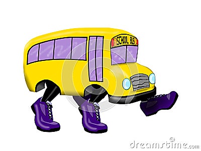 School Bus with Purple Running Shoes - Isolated on White Background Cartoon Illustration