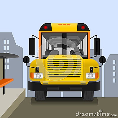 School Bus on Road with Cityscape Vector Illustration Vector Illustration